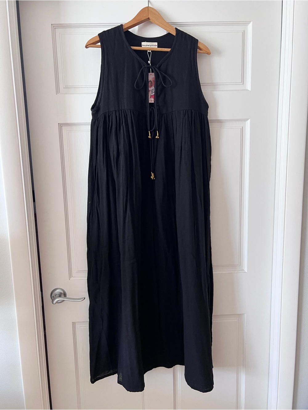 Daughters of India Black Sleeveless Cotton Maxi Dress with Tie Detail NWT